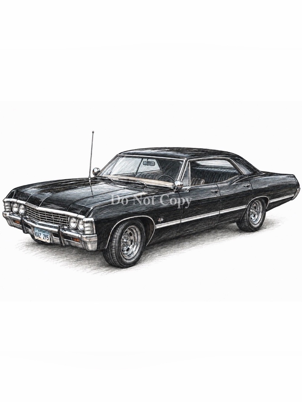 1967 Chevrolet Impala Hand Sketched Black & White 8x10 Matte Print Wall Art